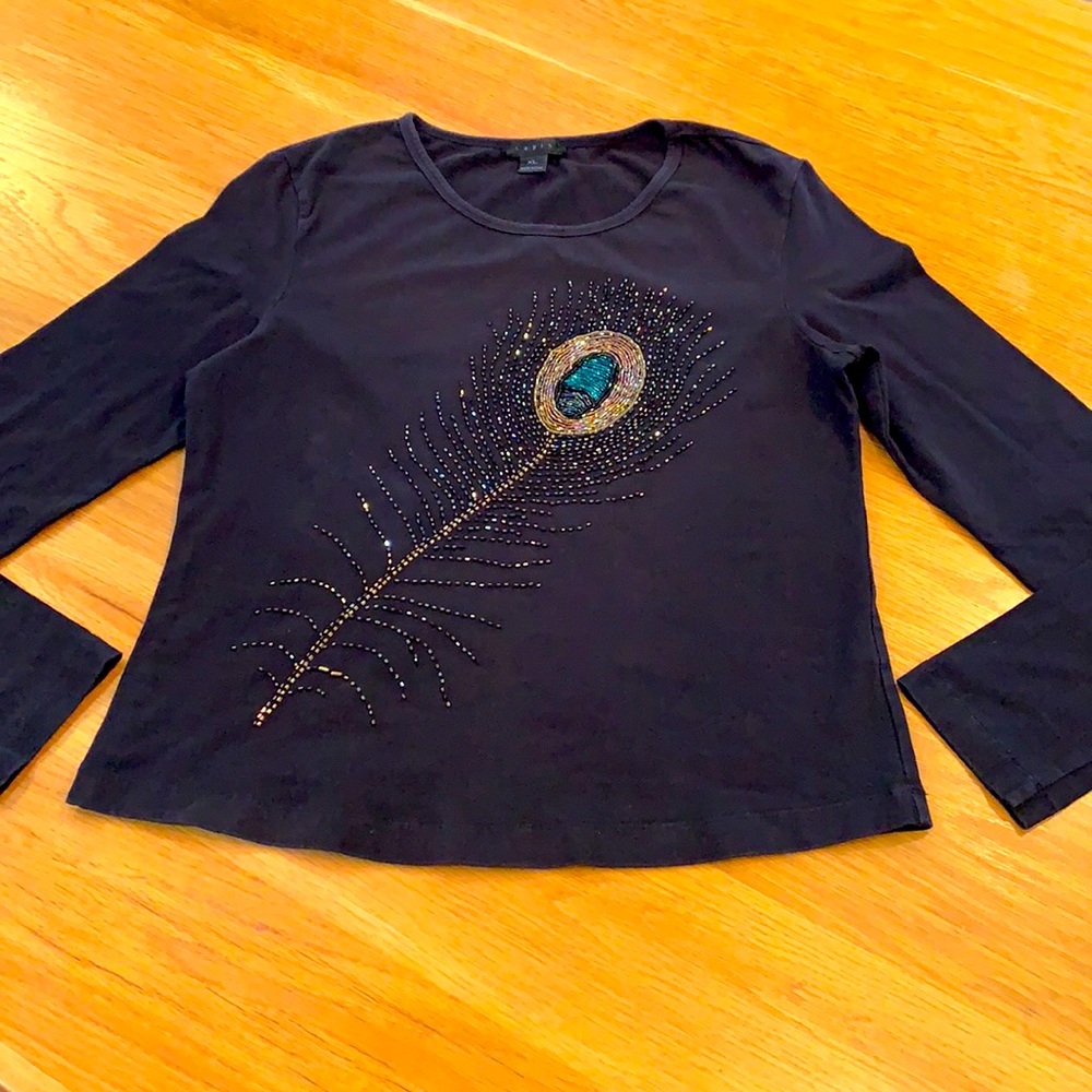 LAPIS~Peacock Top Crew Neck Beaded Plume Shirt XL